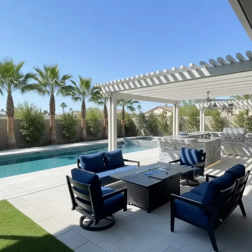 patio furniture with outdoor kitchen